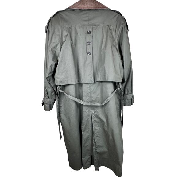 Gallery Green Long Trench Coat Size 12 Removable Lining Leather Contrast - Picture 3 of 13